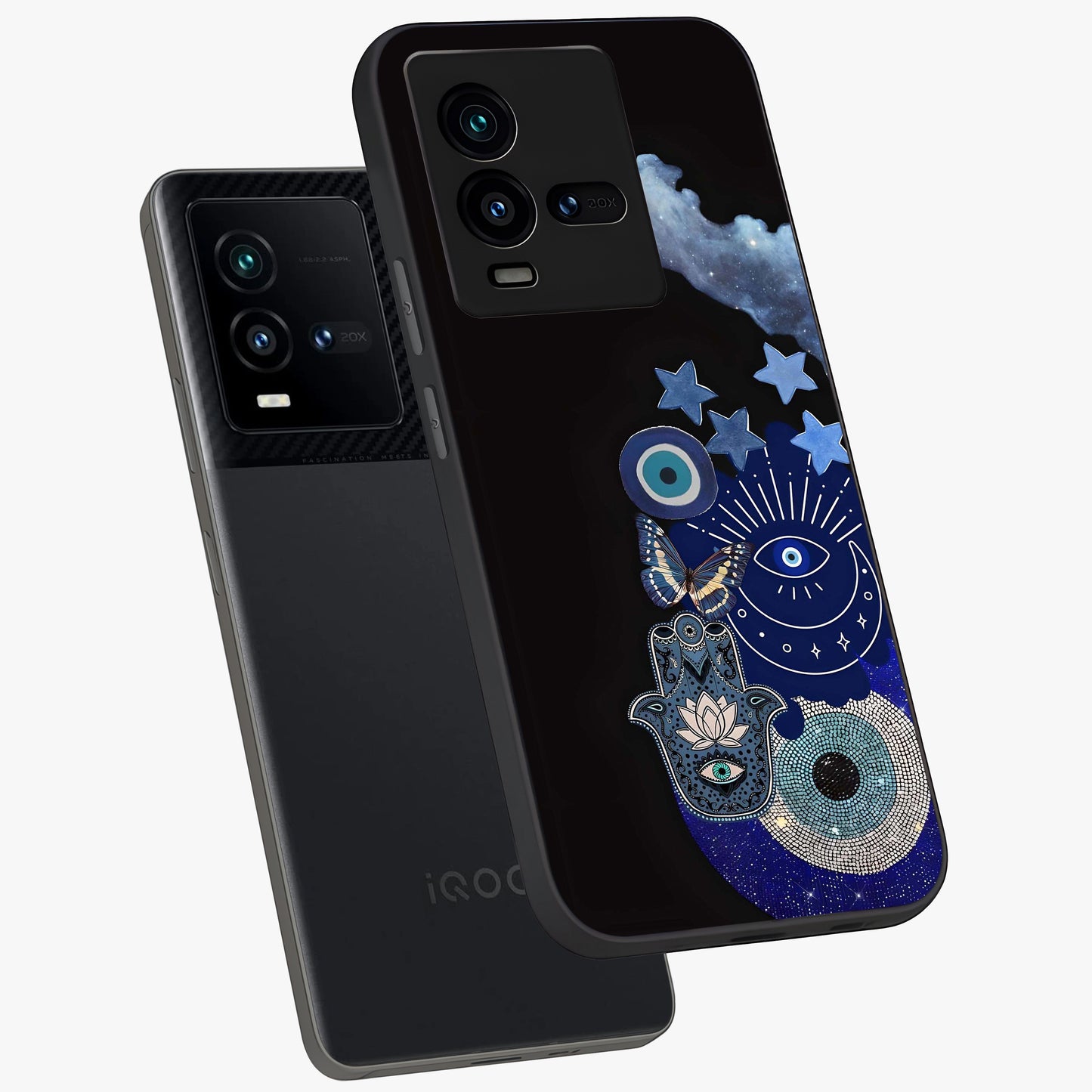 Galactic Charm Cluster Glass Case displayed in angled mockup highlighting luminous galaxy inspired design with dreamy aesthetic.
