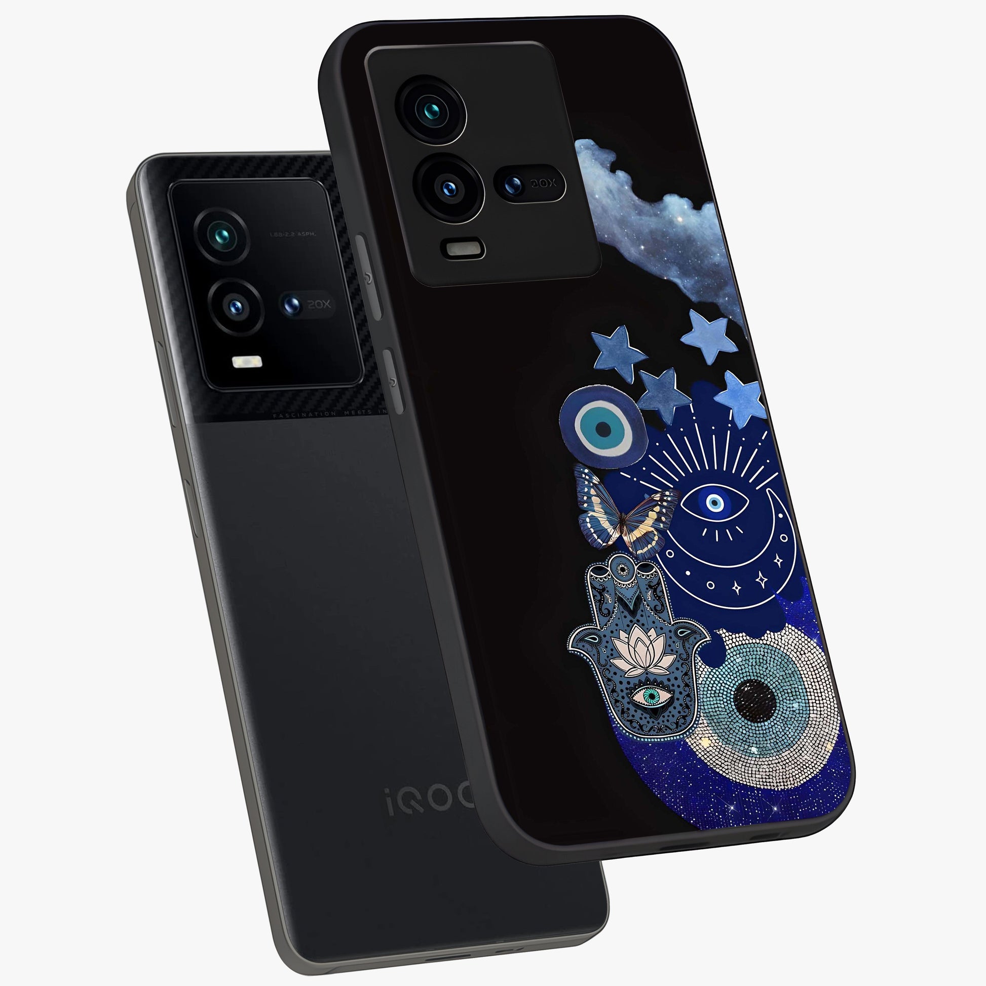 Galactic Charm Cluster Glass Case displayed in angled mockup highlighting luminous galaxy inspired design with dreamy aesthetic.