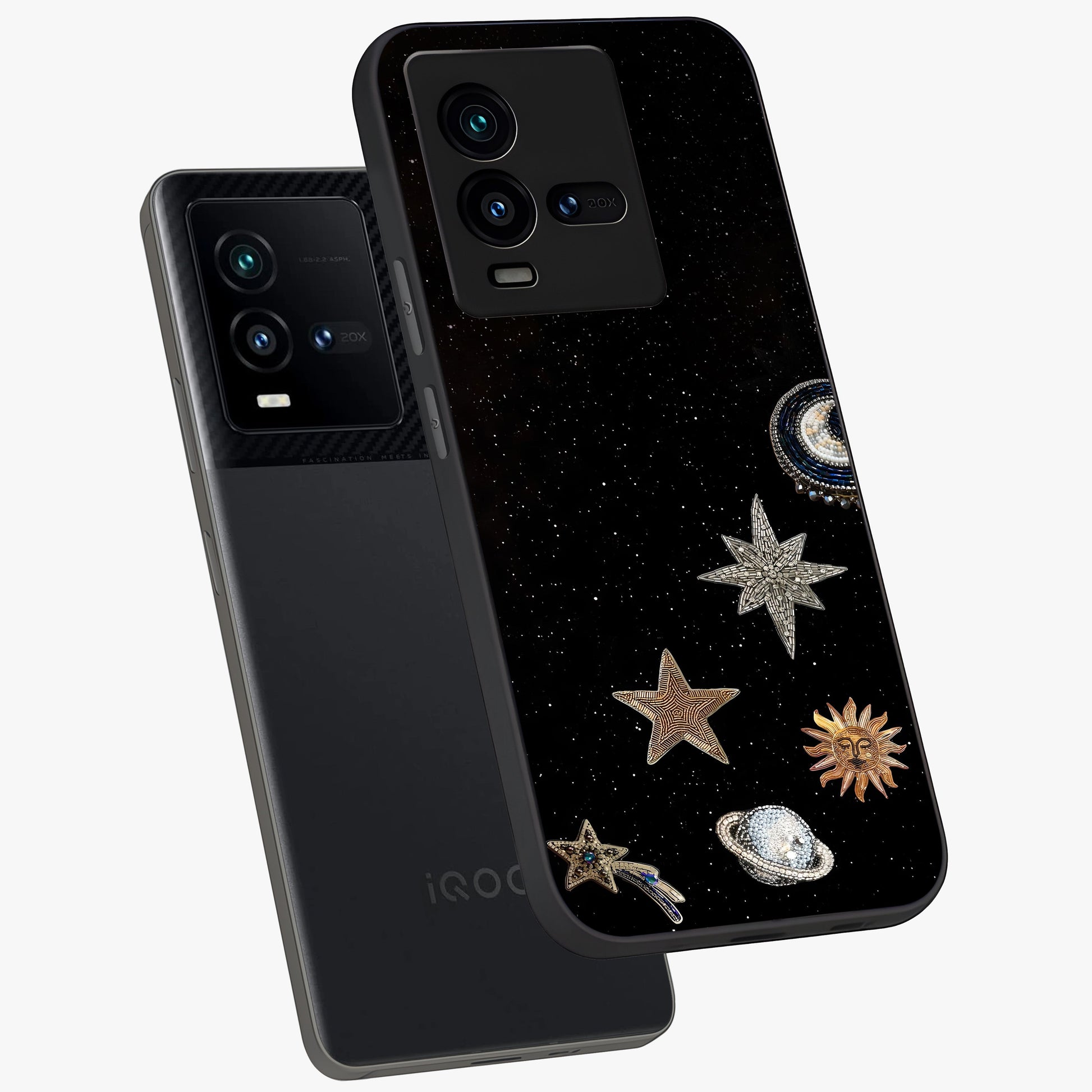 Galactic Charm Glow Glass Case displayed in angled mockup highlighting luminous galaxy inspired design with dreamy aesthetic.