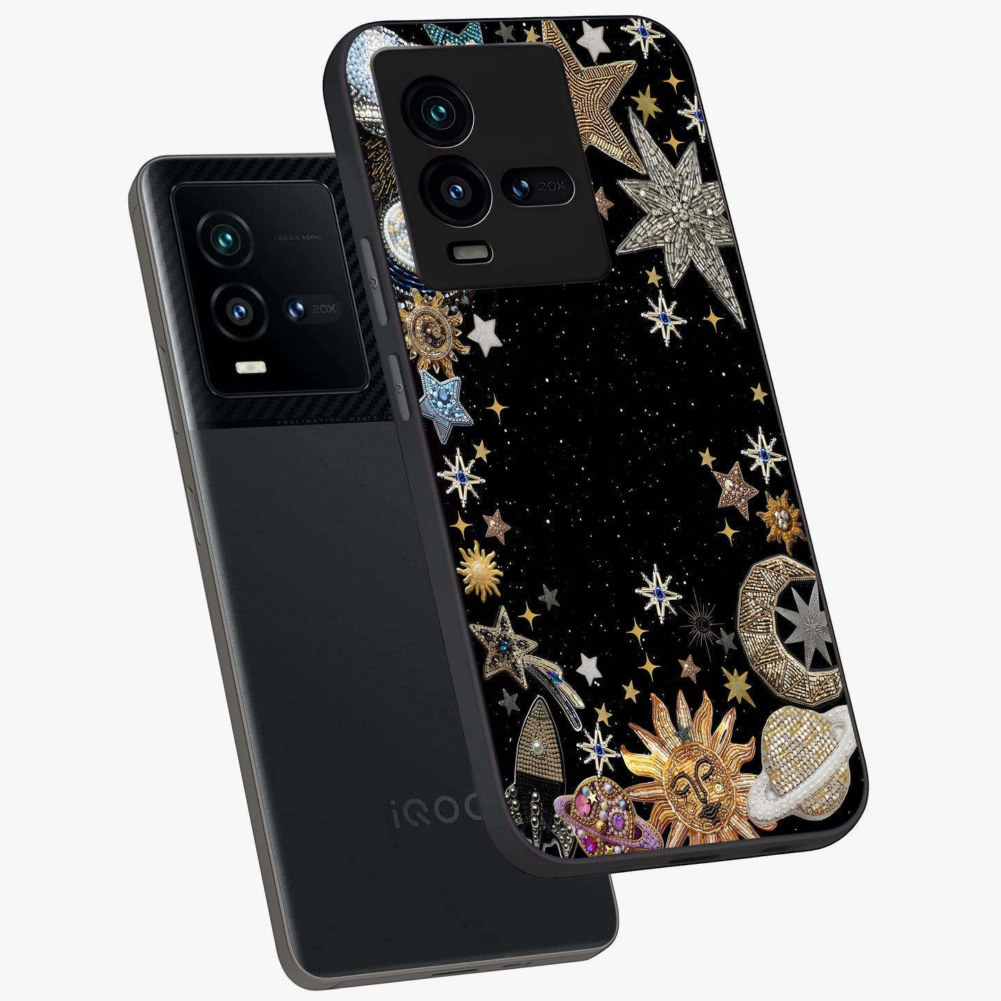 Galactic Jewel Stars Glass Case displayed in angled mockup highlighting shining celestial star design with cosmic aesthetic style.