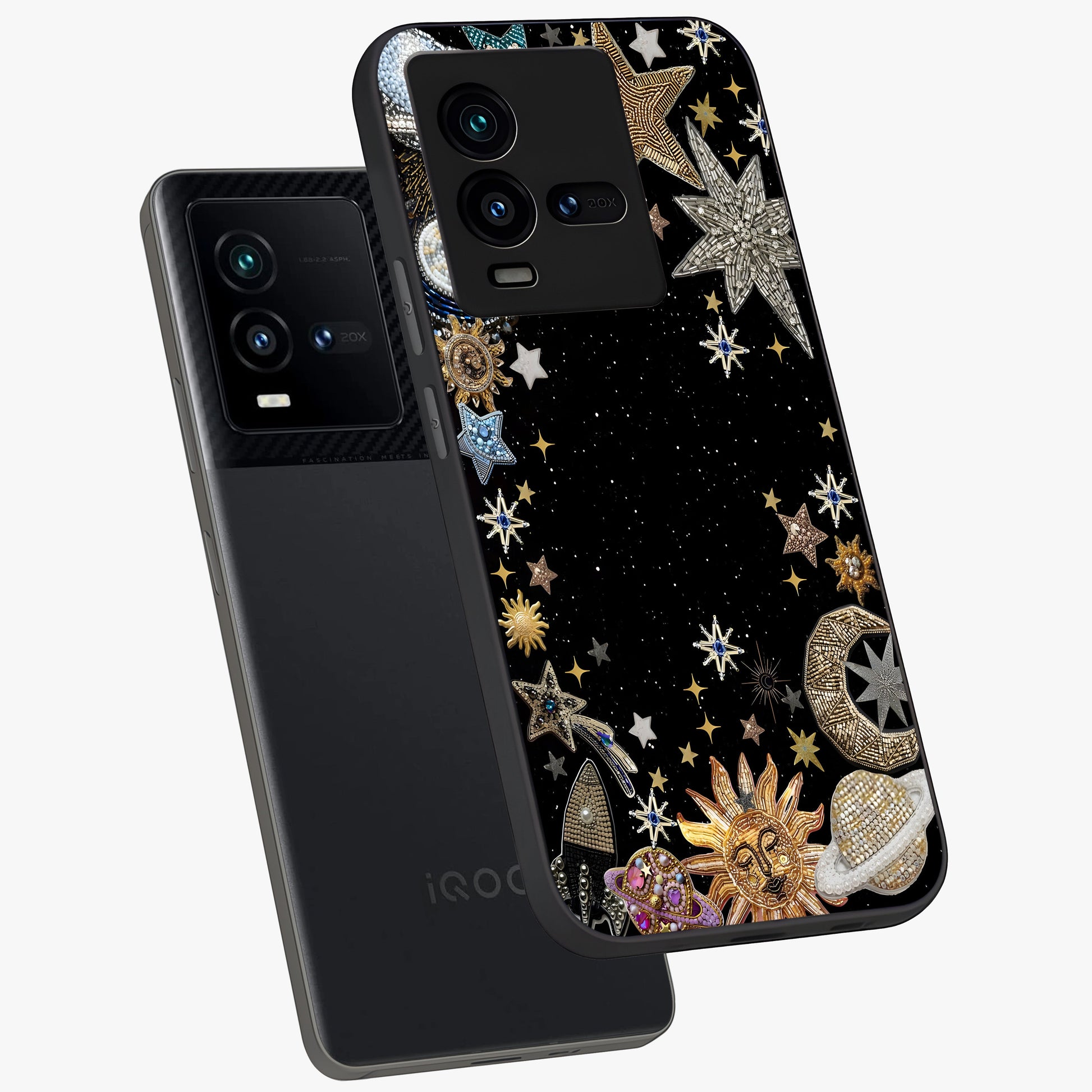 Galactic Jewel Stars Glass Case displayed in angled mockup highlighting shining celestial star design with cosmic aesthetic style.
