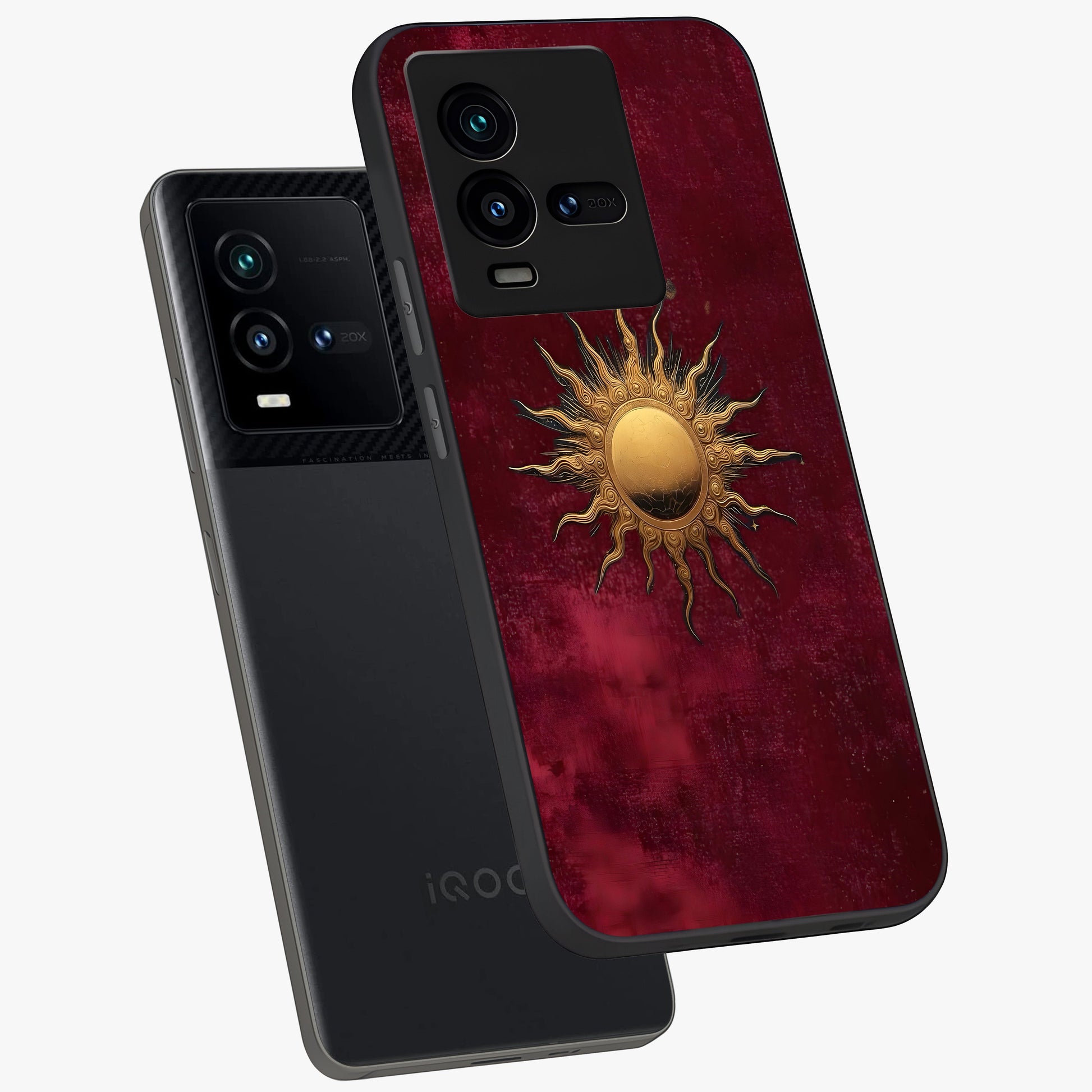 Golden Sun Minimalism Glass Case displayed in angled mockup highlighting clean sun symbol design with modern minimal aesthetic.