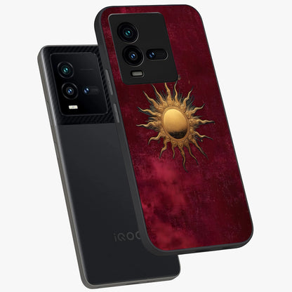 Golden Sun Minimalism Glass Case displayed in angled mockup highlighting clean sun symbol design with modern minimal aesthetic.