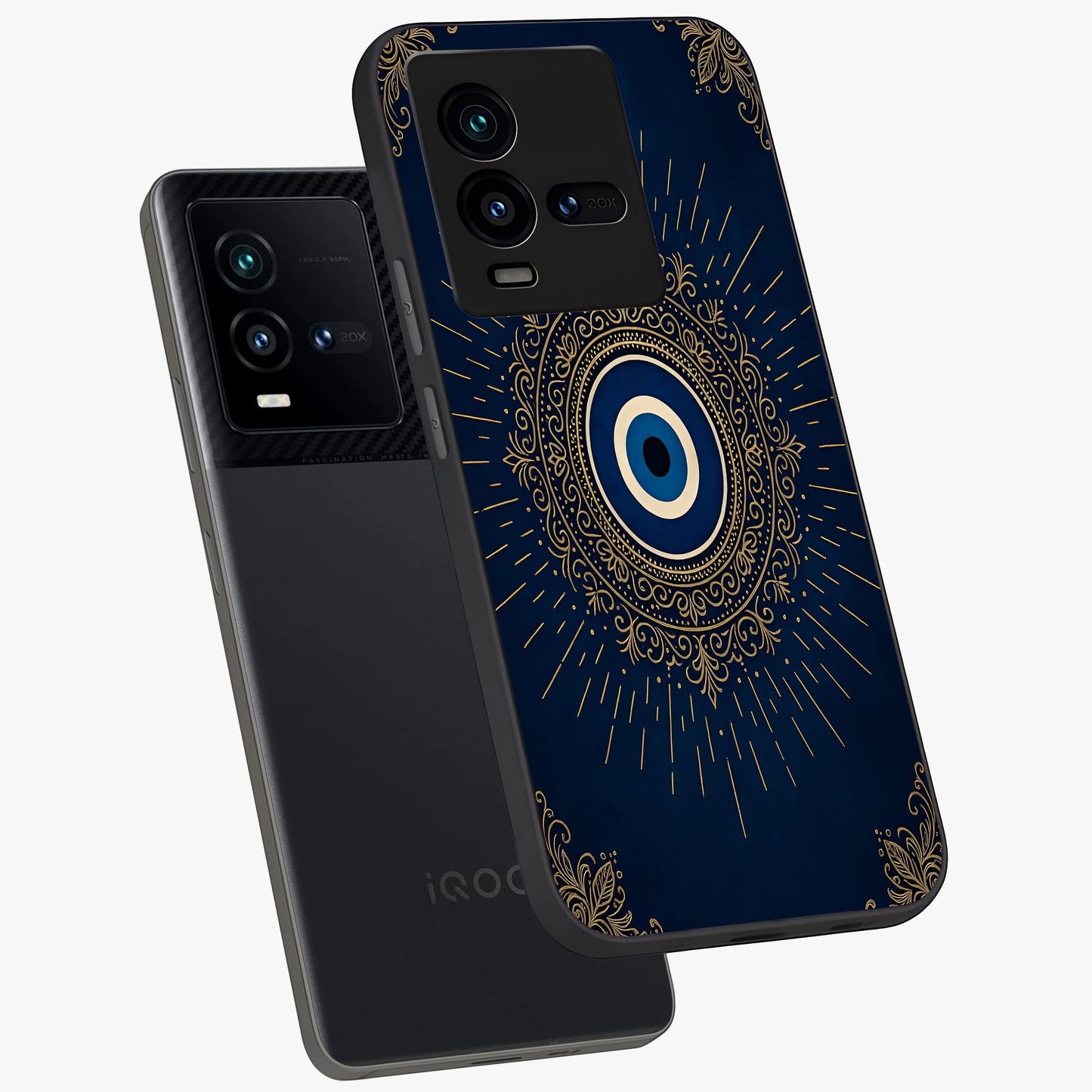 Golden Celestial Charm Glass Case displayed in angled mockup highlighting sparkling cosmic charm design with celestial aesthetic.
