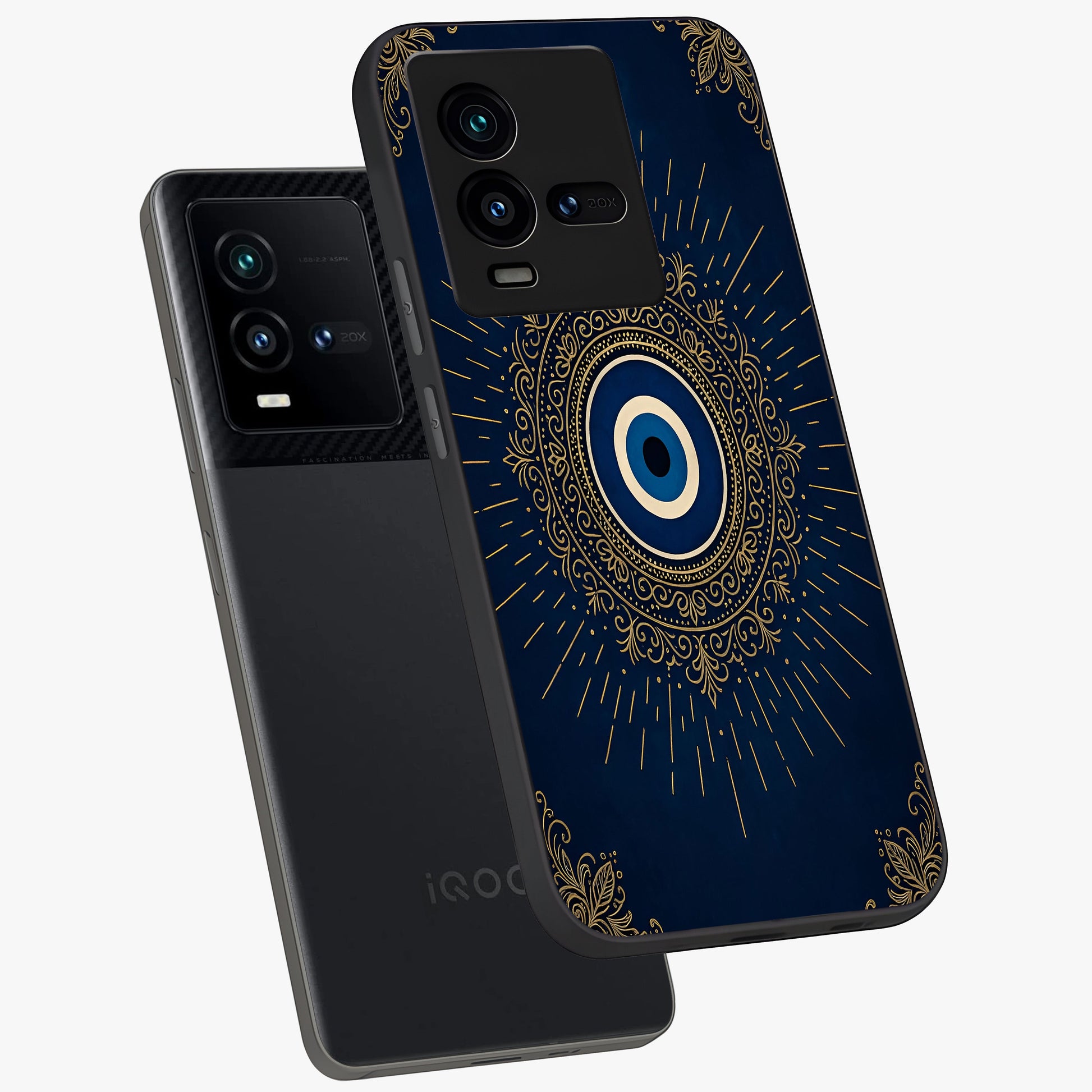 Golden Celestial Charm Glass Case displayed in angled mockup highlighting sparkling cosmic charm design with celestial aesthetic.