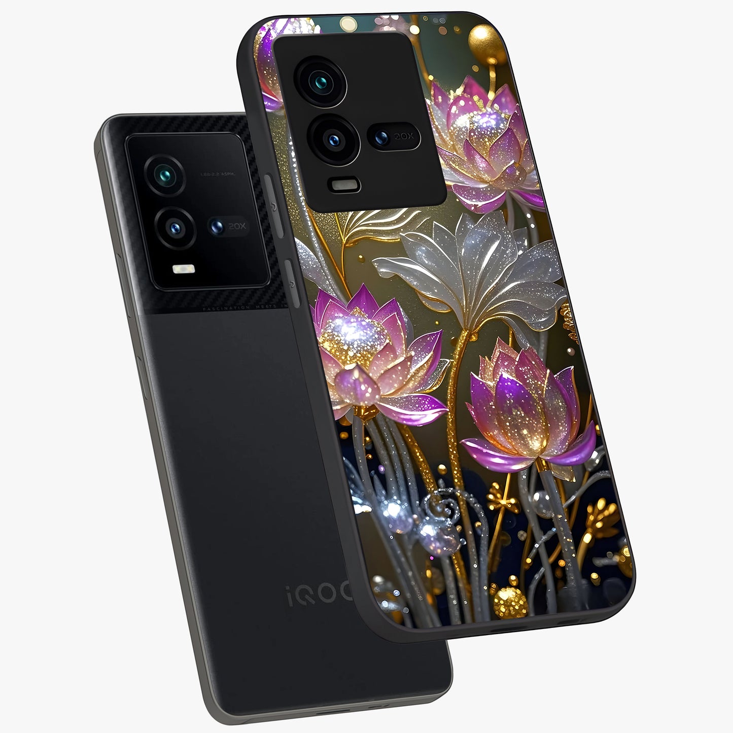Golden Floral Majesty Glass Case displayed in angled mockup highlighting elegant flower design with royal golden aesthetic.