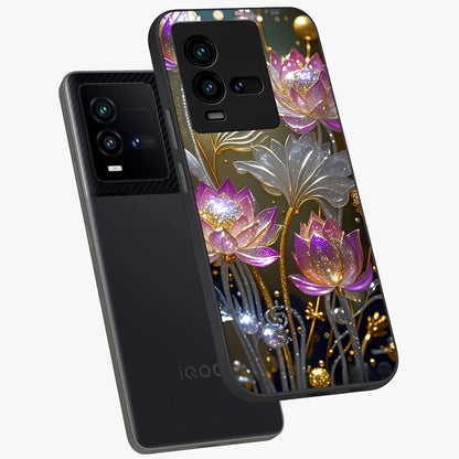 Golden Floral Majesty Glass Case displayed in angled mockup highlighting elegant flower design with royal golden aesthetic.