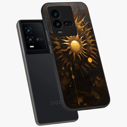 Golden Sun Majesty Glass Case displayed in angled mockup highlighting eerie shadow illustration with gothic aesthetic.