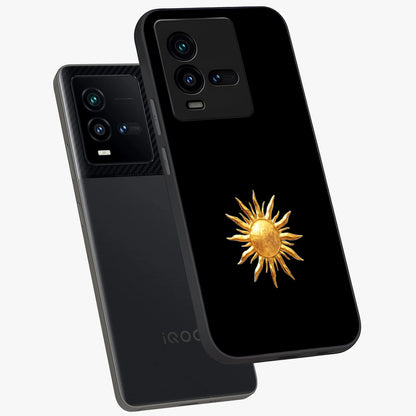 Golden Sun Minimalism Glass Case displayed in angled mockup highlighting eerie shadow illustration with gothic aesthetic.