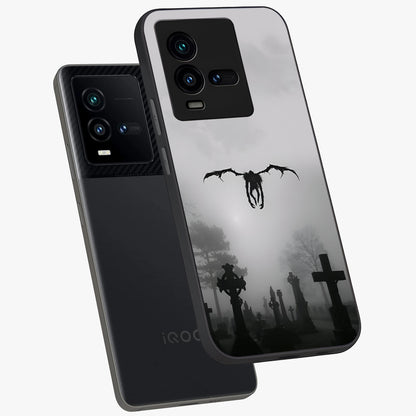 Graveyard Shadow Descent Glass Case displayed in angled mockup highlighting eerie shadow illustration with gothic aesthetic.