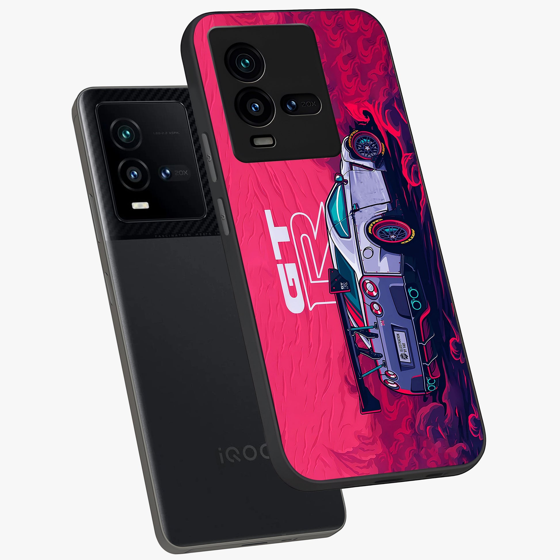 GT-R Car Pattern Glass Case displayed in angled mockup highlighting racing car graphic design with bold automotive aesthetic.