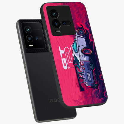 GT-R Car Pattern Glass Case displayed in angled mockup highlighting racing car graphic design with bold automotive aesthetic.