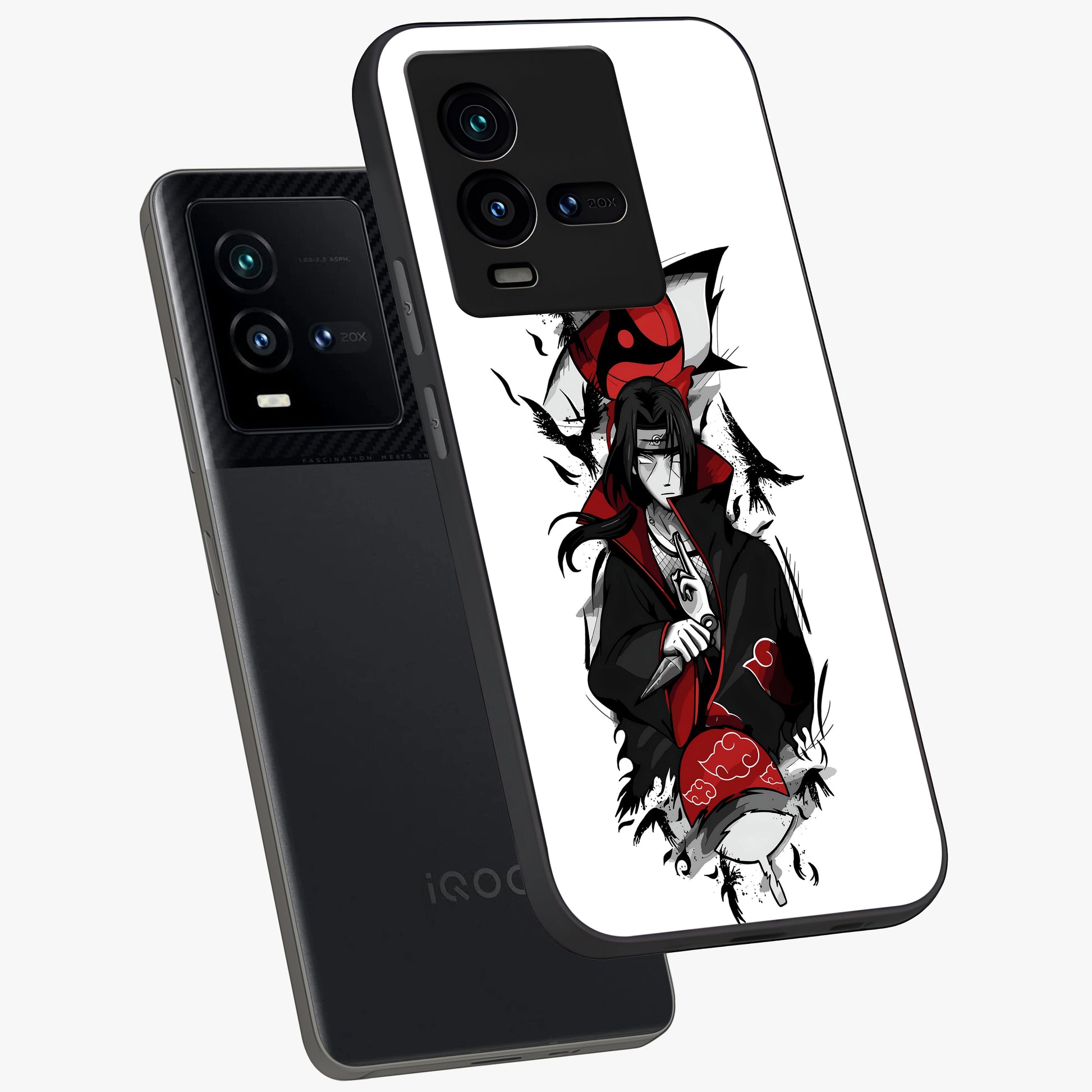 Itachi Limited Edition Naruto Anime Glass Case displayed in angled mockup highlighting dramatic anime illustration with bold action aesthetic.