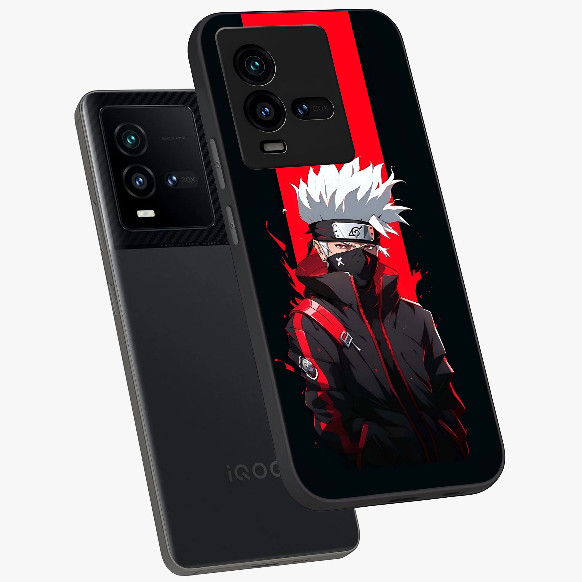 Kakashi Scarlet Shadow Glass Case displayed in angled mockup highlighting dramatic ninja illustration with scarlet themed aesthetic.
