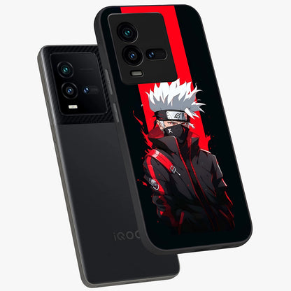 Kakashi Scarlet Shadow Glass Case displayed in angled mockup highlighting dramatic ninja illustration with scarlet themed aesthetic.