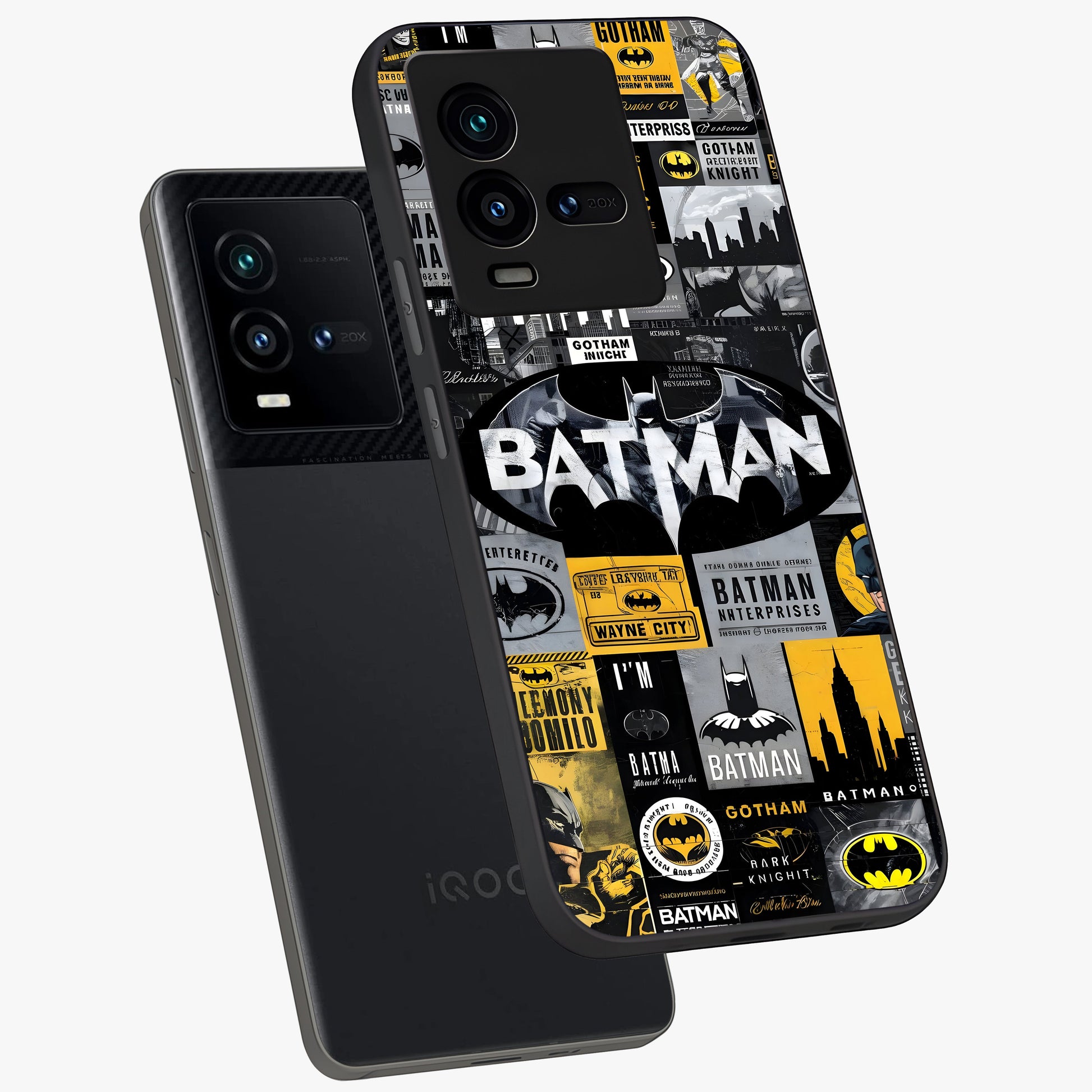 Knight Gotham Rise Glass Case displayed in angled mockup highlighting powerful knight silhouette design with dramatic aesthetic.