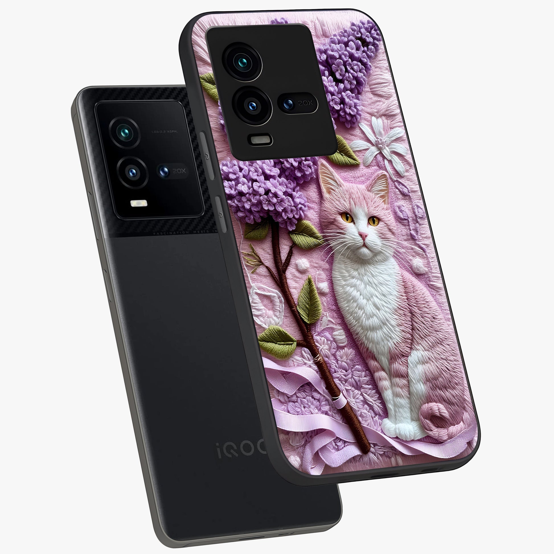 Lavender Cat Whimsy Glass Case displayed in angled mockup highlighting playful feline illustration with pastel lavender aesthetic.