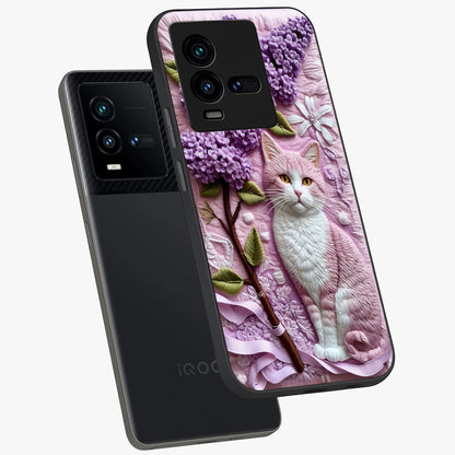 Lavender Cat Whimsy Glass Case displayed in angled mockup highlighting playful feline illustration with pastel lavender aesthetic.