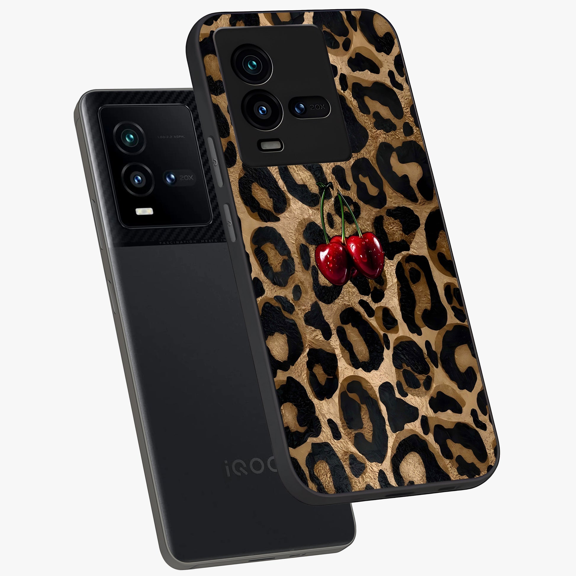 Leopard Wild Cherry Glass Case displayed in angled mockup highlighting bold animal print design with playful cherry aesthetic.