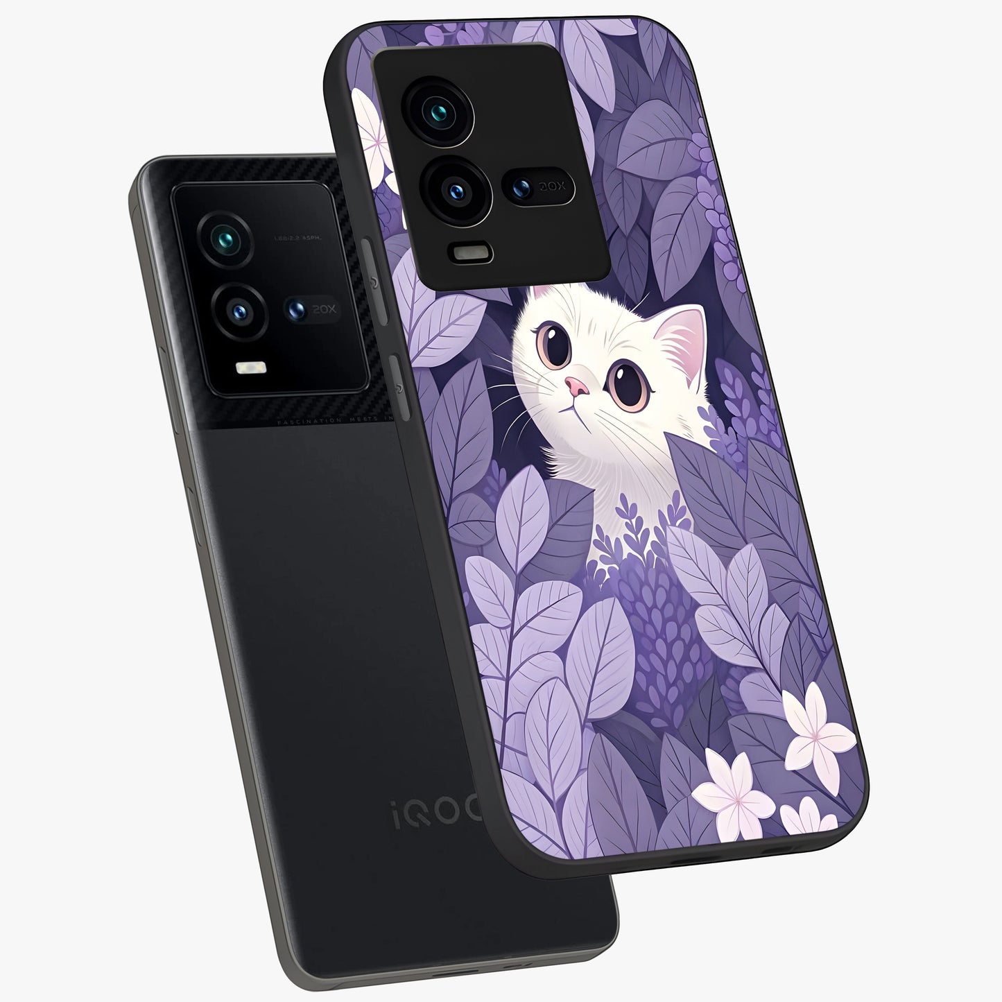 Lilac Hide Peek Cat Glass Case displayed in angled mockup highlighting playful feline illustration with lilac aesthetic design.
