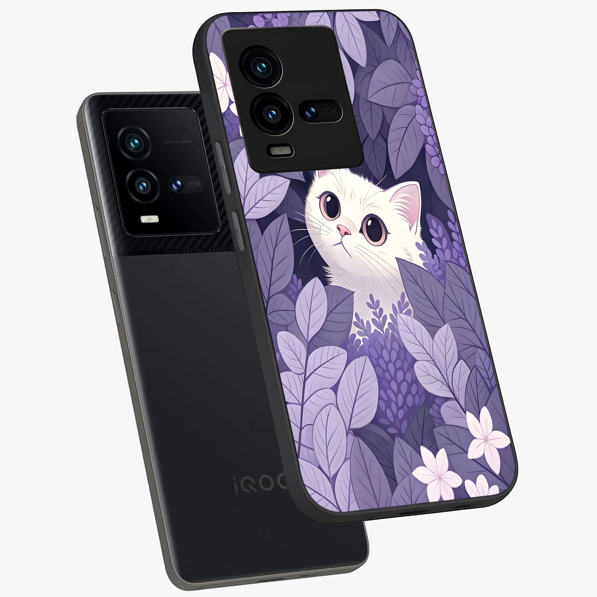 Lilac Hide Peek Cat Glass Case displayed in angled mockup highlighting playful feline illustration with lilac aesthetic design.
