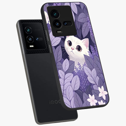 Lilac Hide Peek Cat Glass Case displayed in angled mockup highlighting playful feline illustration with lilac aesthetic design.