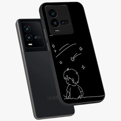 Line Art Boy With Shooting Stars Glass Case displayed in angled mockup highlighting elegant line art design with dreamy star aesthetic.