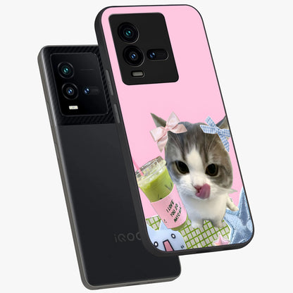 Love Matcha Cat Glass Case displayed in angled mockup highlighting playful feline illustration with cozy matcha aesthetic.