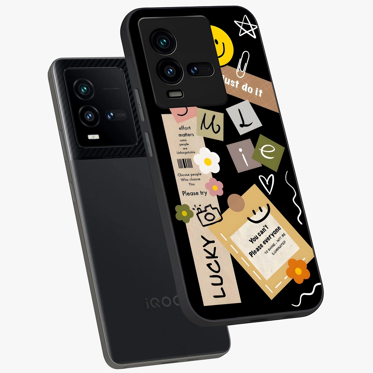 Lucky Aesthetic Collage Glass Case displayed in angled mockup highlighting stylish collage pattern with modern aesthetic vibe.