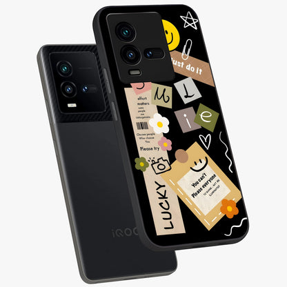 Lucky Aesthetic Collage Glass Case displayed in angled mockup highlighting stylish collage pattern with modern aesthetic vibe.