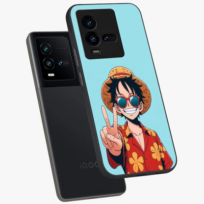 Luffy Summer Anime Vibe Glass Case displayed in angled mockup highlighting energetic anime illustration with summer vibe aesthetic.