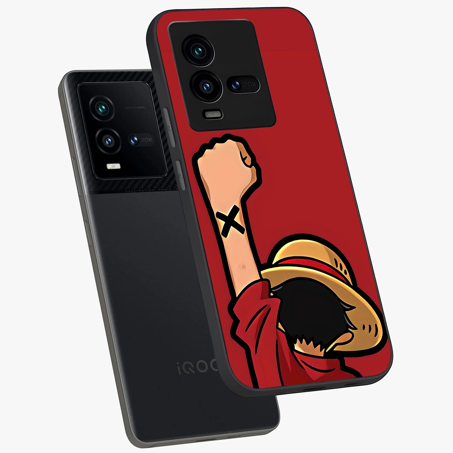 Luffy X Spirit Glass Case displayed in angled mockup highlighting powerful anime design with energetic action aesthetic.