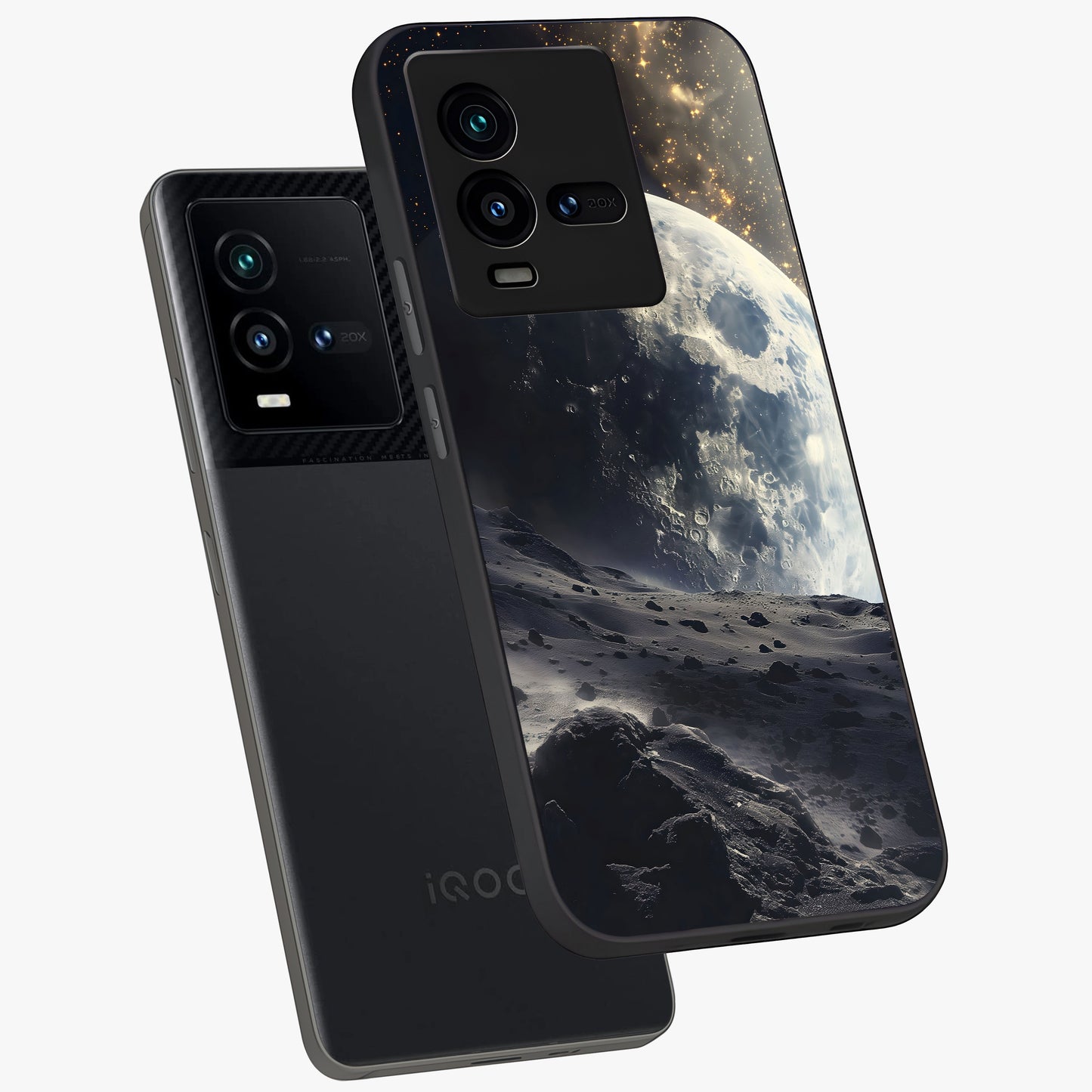 Lunar Horizon Glow Glass Case displayed in angled mockup highlighting celestial moon design with dreamy night aesthetic.