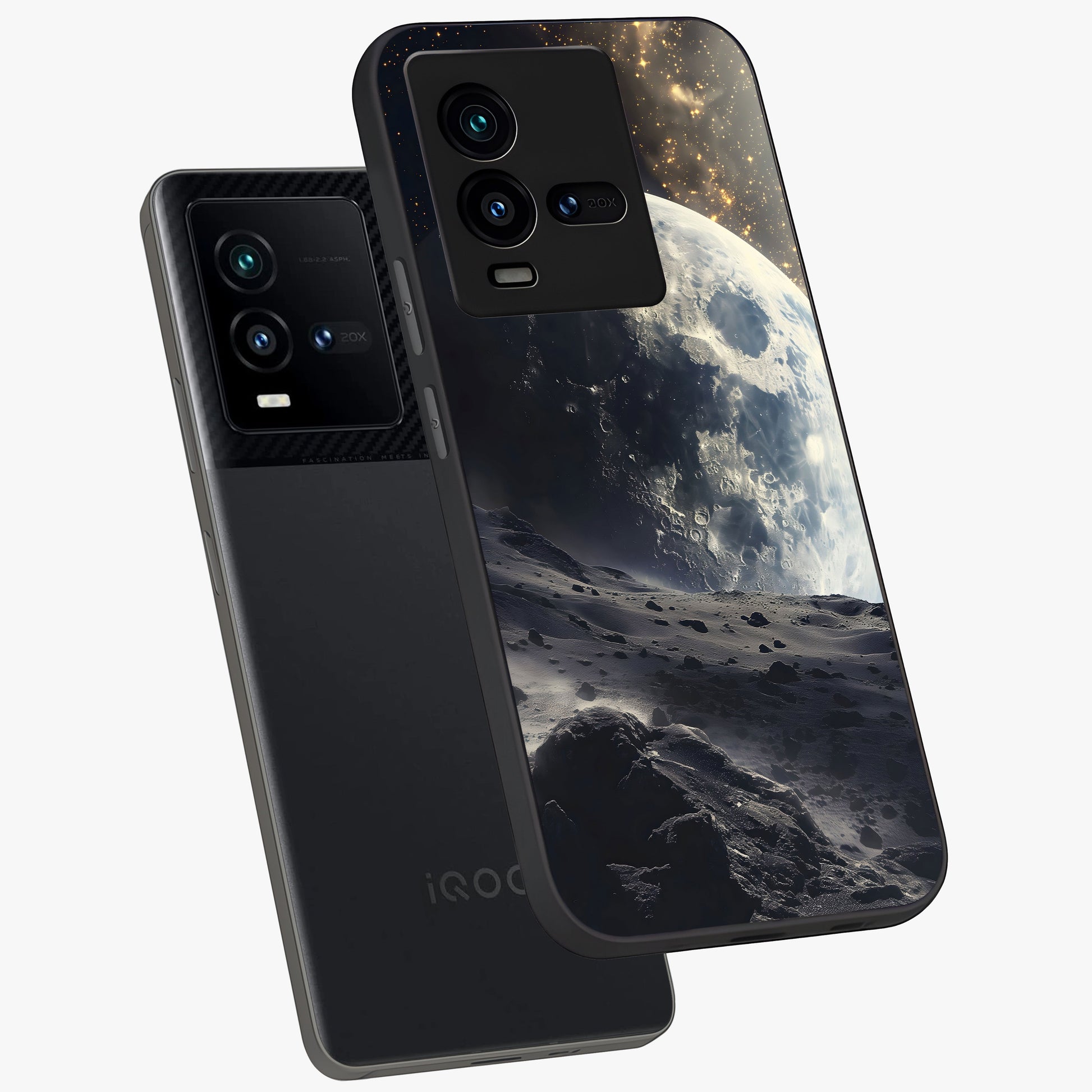 Lunar Horizon Glow Glass Case displayed in angled mockup highlighting celestial moon design with dreamy night aesthetic.
