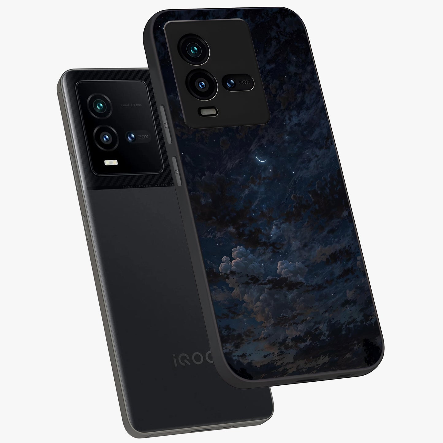 Lunar Veil Silence Glass Case displayed in angled mockup highlighting soft lunar design with peaceful celestial aesthetic.