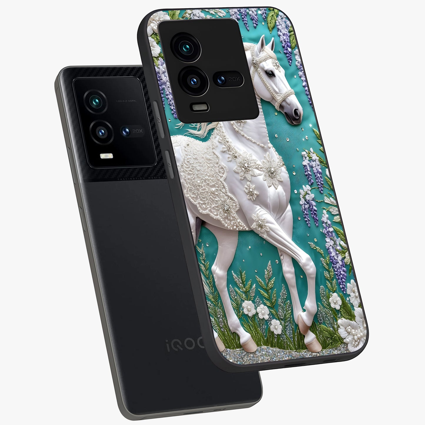 Majestic Floral Stallion Glass Case displayed in angled mockup highlighting majestic stallion illustration with elegant floral aesthetic.