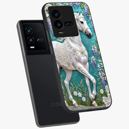 Majestic Floral Stallion Glass Case displayed in angled mockup highlighting majestic stallion illustration with elegant floral aesthetic.