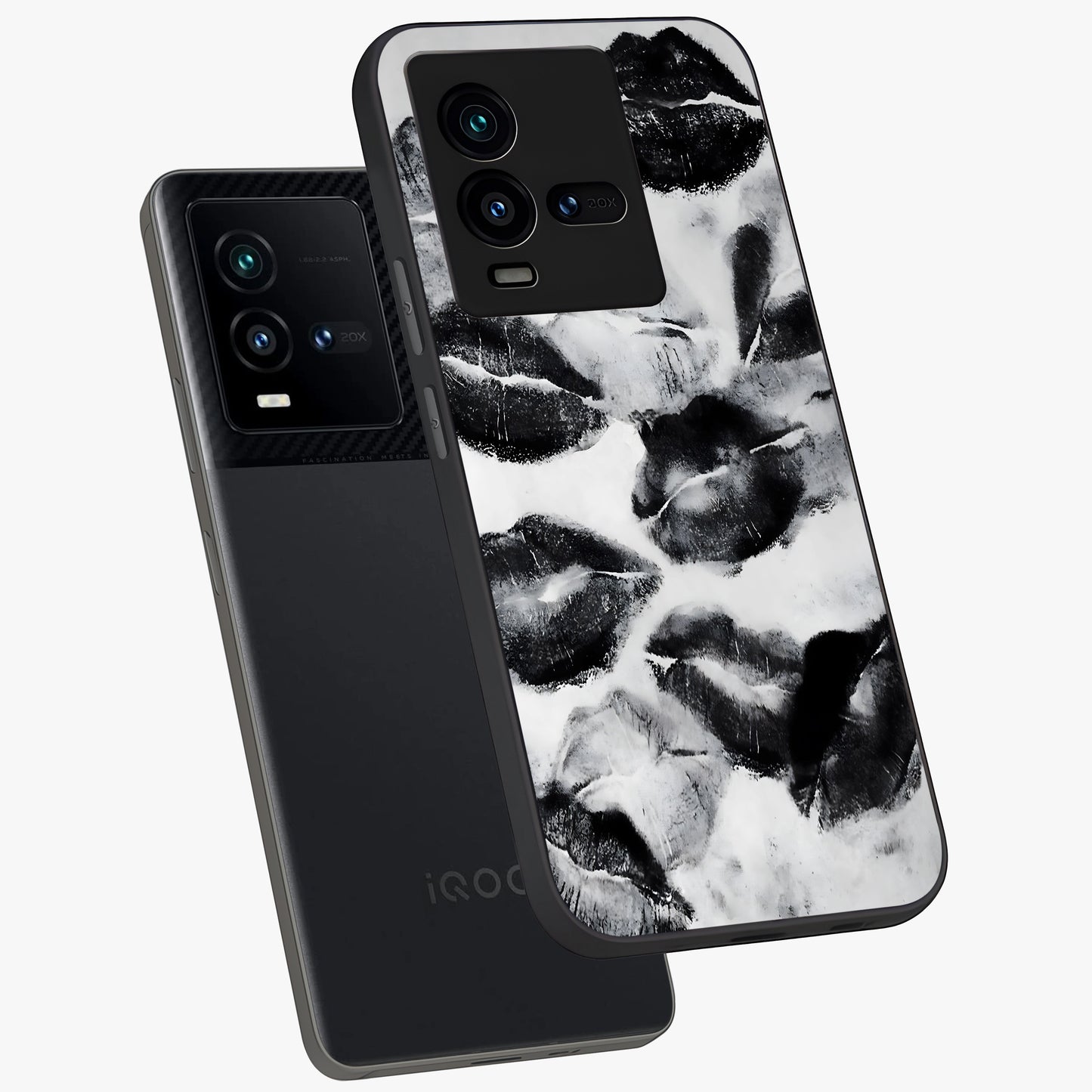 Midnight Kiss Marks Glass Case displayed in angled mockup highlighting playful romantic design with bold midnight aesthetic.