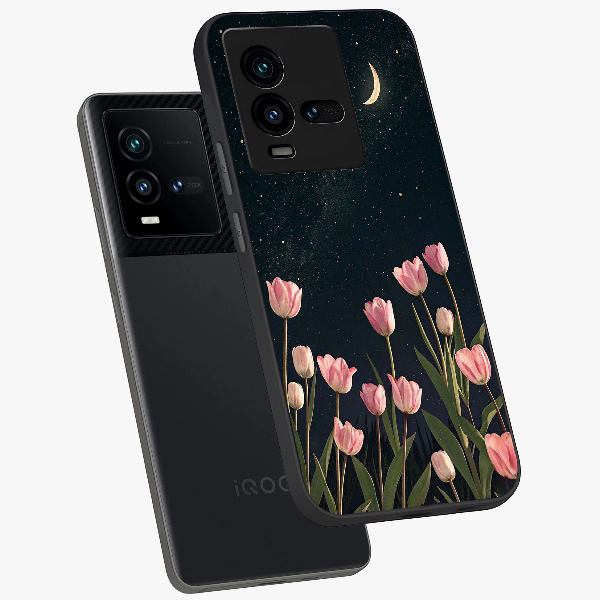 Midnight Tulip Whispers Vibe Glass Case displayed in angled mockup highlighting delicate tulip design with midnight floral aesthetic.