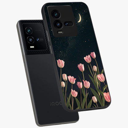 Midnight Tulip Whispers Vibe Glass Case displayed in angled mockup highlighting delicate tulip design with midnight floral aesthetic.