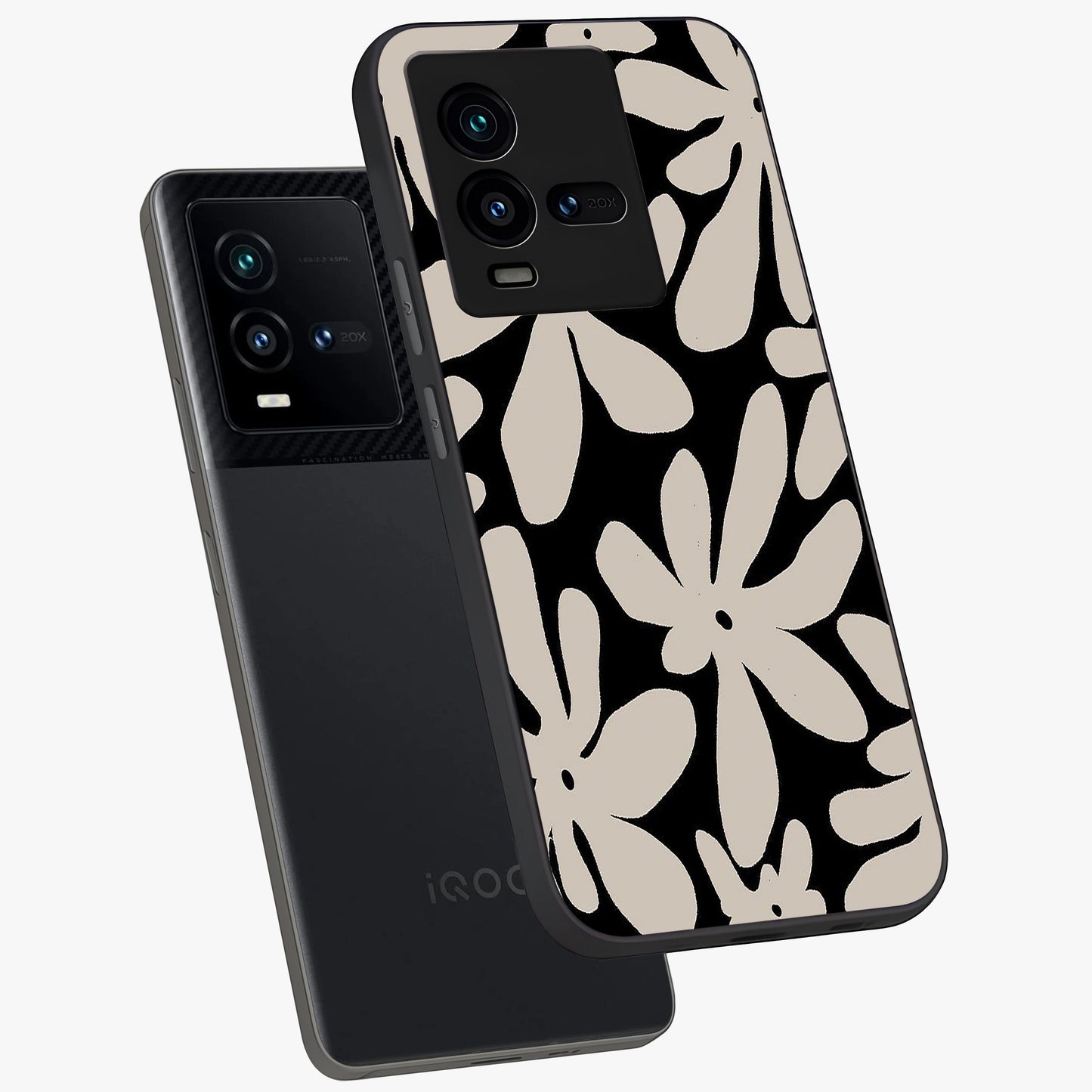 Monochrome Petal Dance Glass Case displayed in angled mockup highlighting elegant petal design with black and white aesthetic.