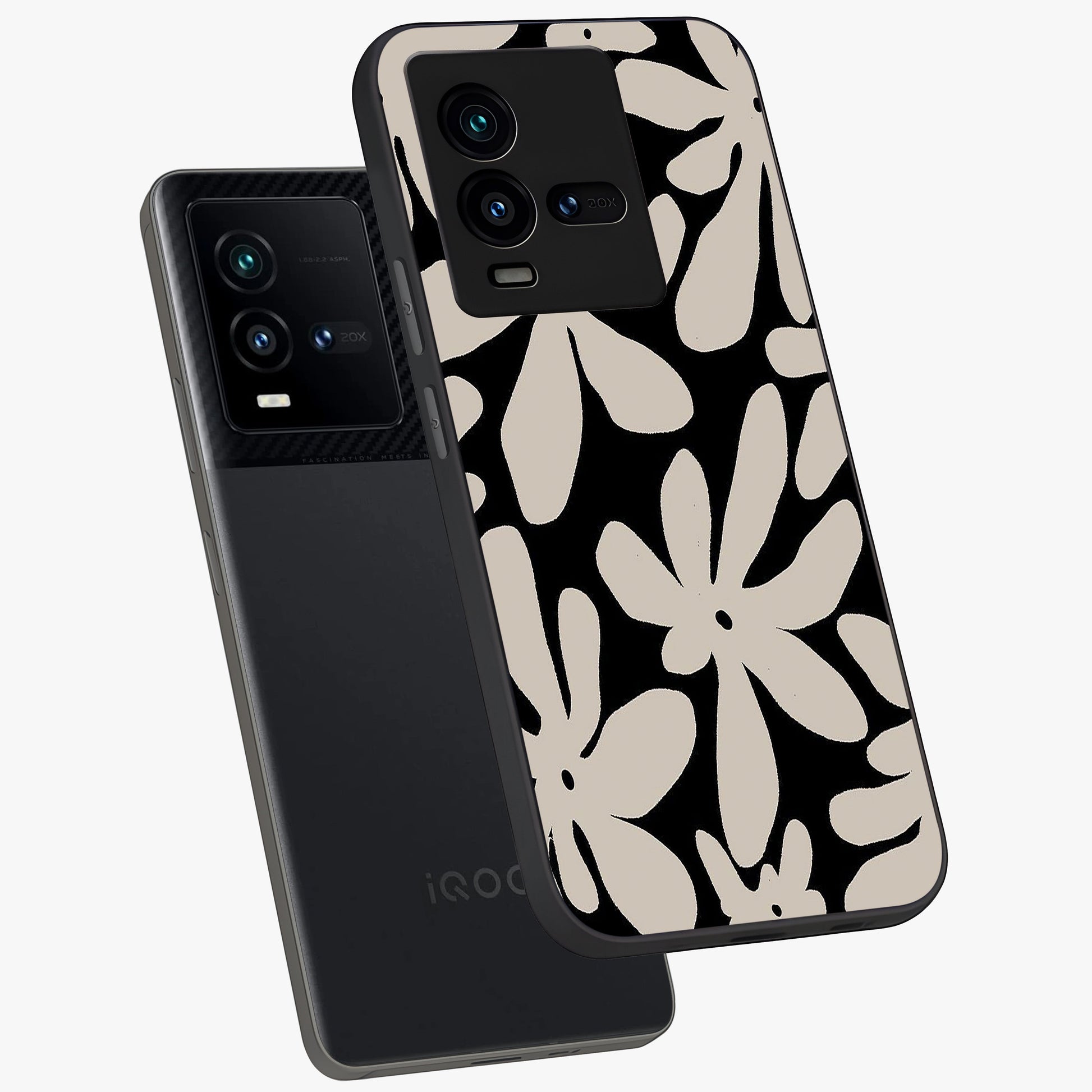 Monochrome Petal Dance Glass Case displayed in angled mockup highlighting elegant petal design with black and white aesthetic.
