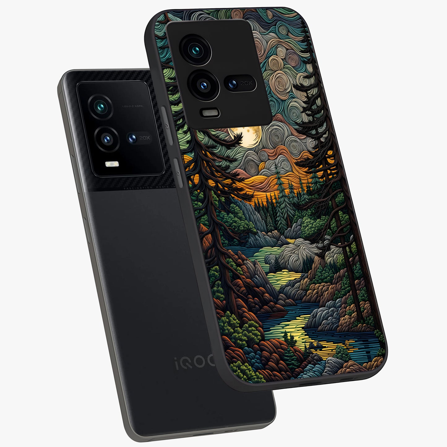 Moonlight Forest Dream Glass Case displayed in angled mockup highlighting dreamy forest design with glowing moon aesthetic.