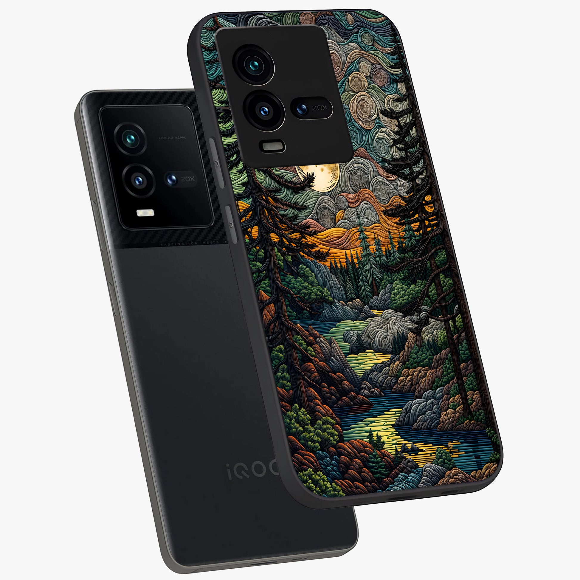Moonlight Forest Dream Glass Case displayed in angled mockup highlighting dreamy forest design with glowing moon aesthetic.