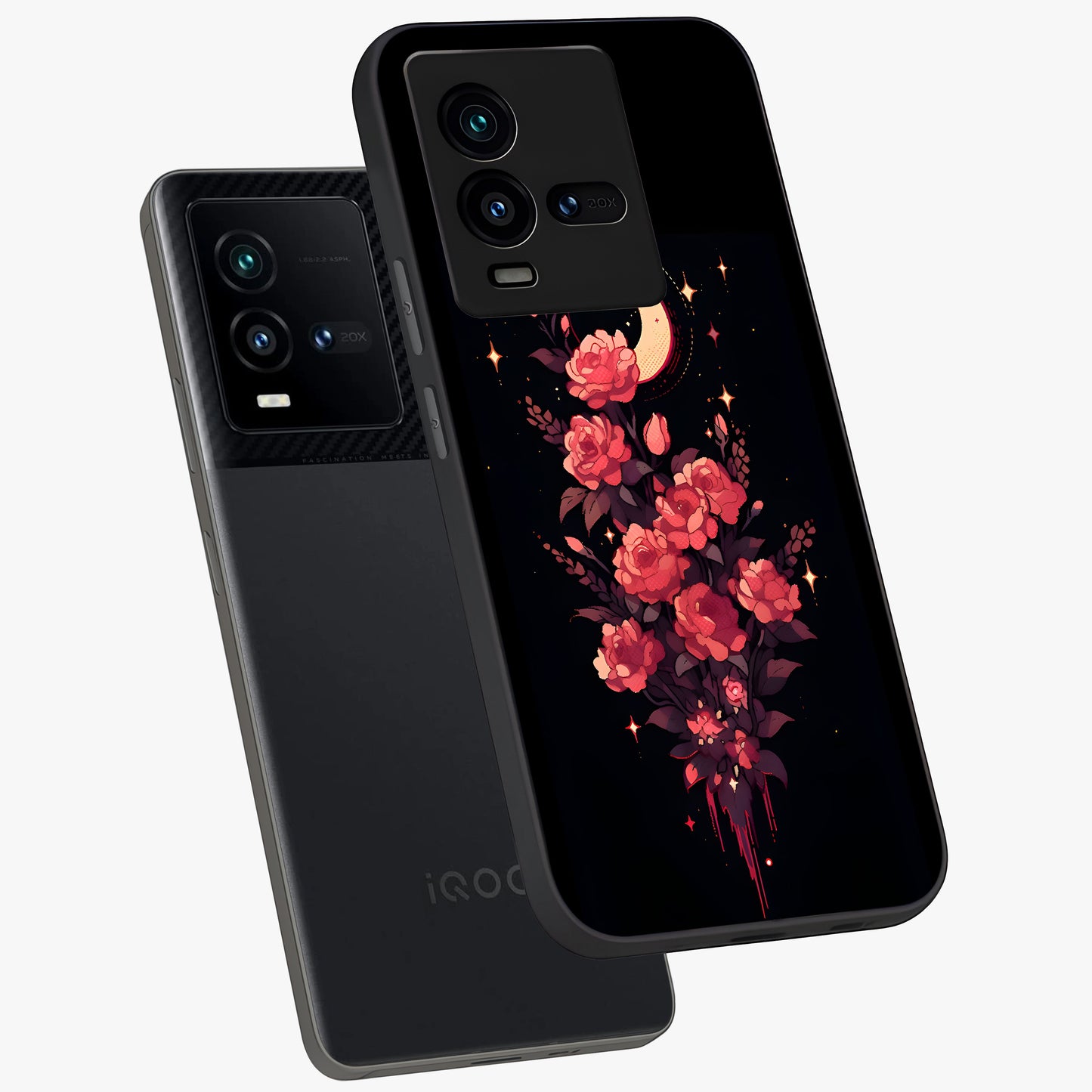 Moonlit Floral Elegance Glass Case displayed in angled mockup highlighting graceful flower design with soft moonlight aesthetic.
