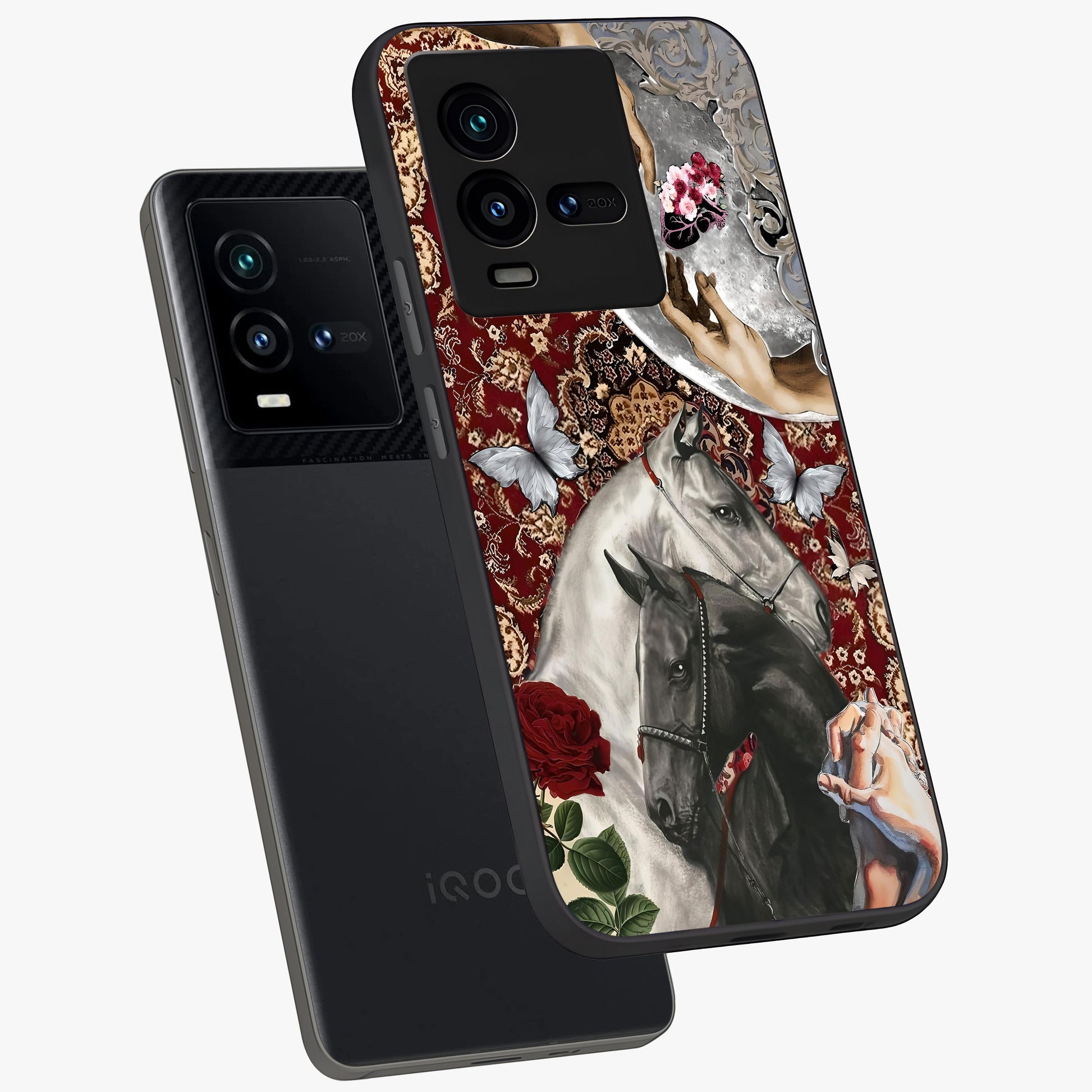 Moonlit Royal Stallion Glass Case displayed in angled mockup highlighting powerful stallion illustration with royal night aesthetic.