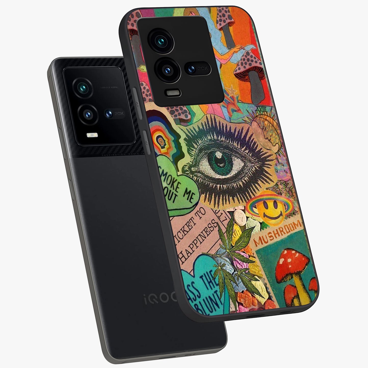 Mystic Eye Wonderland Glass Case displayed in angled mockup highlighting magical eye illustration with dreamy aesthetic.