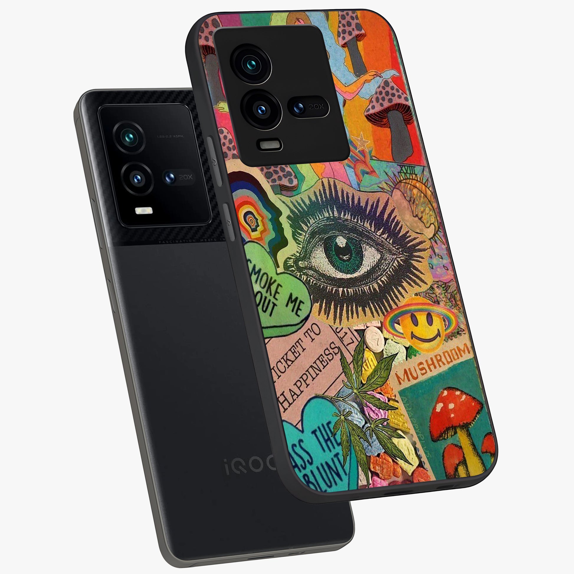 Mystic Eye Wonderland Glass Case displayed in angled mockup highlighting magical eye illustration with dreamy aesthetic.
