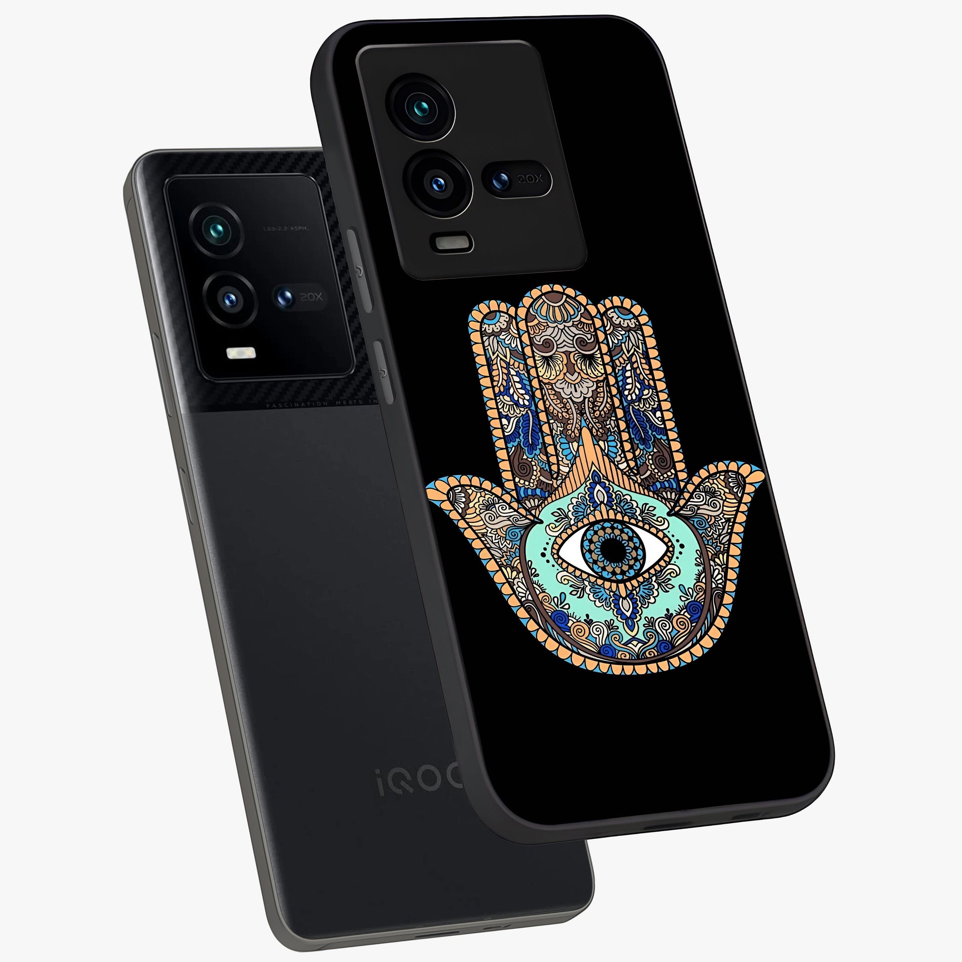Mystic Hamsa Eye Glass Case displayed in angled mockup highlighting spiritual hamsa symbol with mystical aesthetic style.