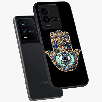 Mystic Hamsa Eye Glass Case displayed in angled mockup highlighting spiritual hamsa symbol with mystical aesthetic style.